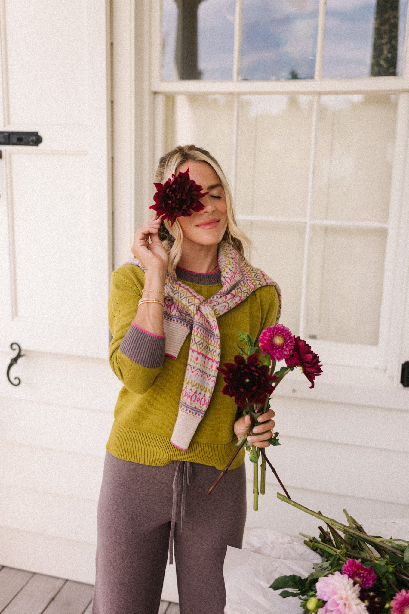 Tricoting en cachemire à motifs géométriques verts roses pour l'automne