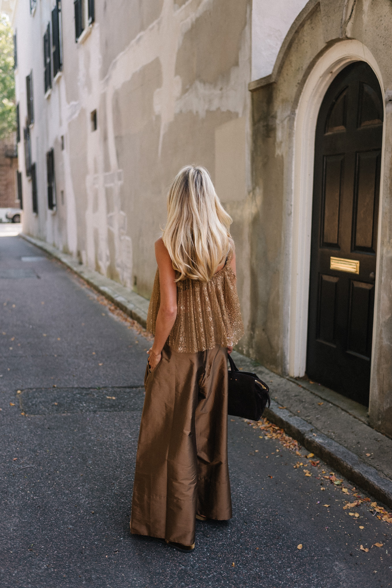 Pantalon large brillant brun en brun or