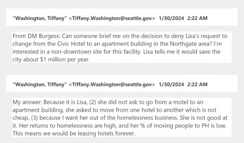 Washington is asked why Lisa Daugaard’s request to switch from the Civic Hotel to another building was denied. Washington responds: “Because it is Lisa, … because I want her out of the homelessness business. She is not good at it.”