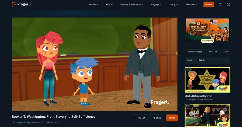A web browser screen showing a cartoon video with three characters talking to one another and a sidebar with thumbnails for other cartoon videos.