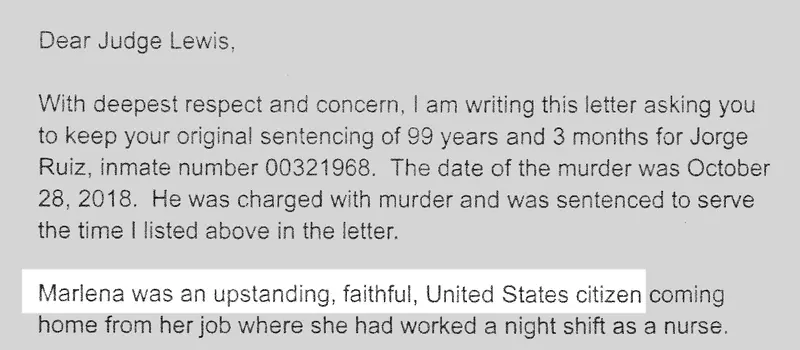 Excerpt of a typed letter with the words “Marlena was an upstanding, faithful, United States citizen” highlighted.