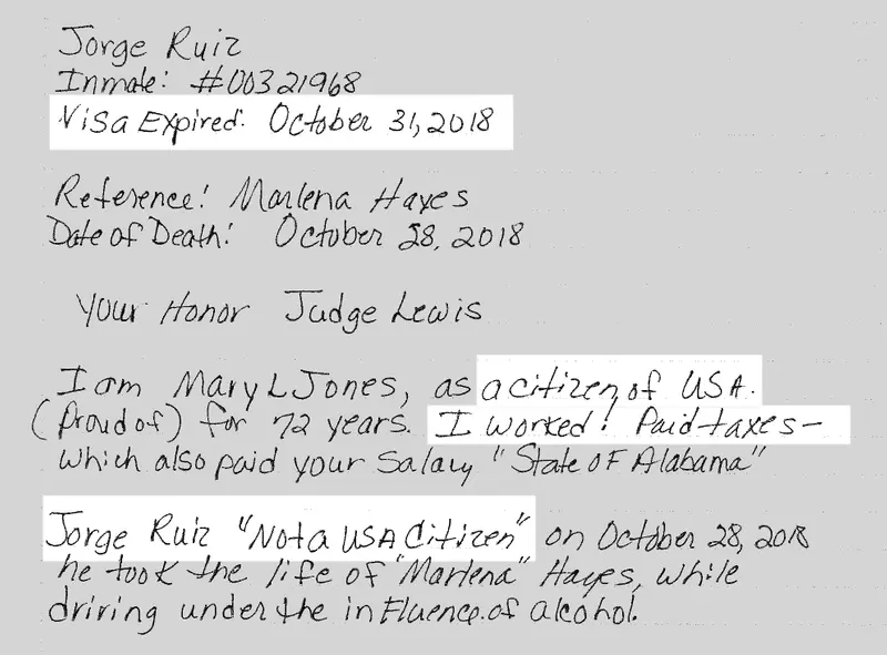 Excerpt of a handwritten letter, with a highlight added to the phrase “Visa Expired: October 31, 2018.” The letter reads in part: “I am Mary L. Jones as a citizen of USA. … I worked! Paid taxes. ... Jorge Ruiz ‘Not a USA citizen.’”