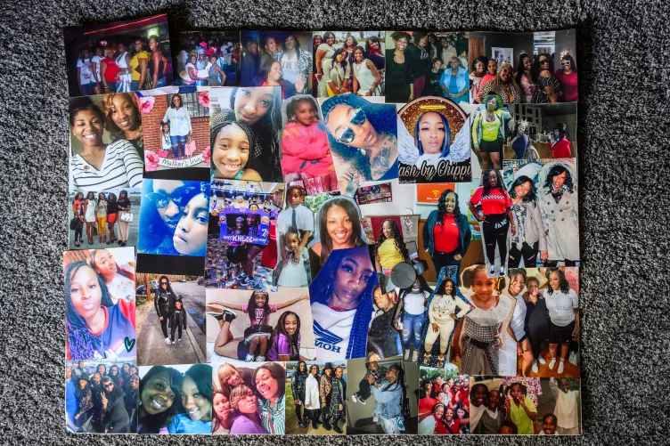 Dozens of printed photographs collected together into a rectangle. The photos show Temptress as a child and adult, often posing with her friends and family.