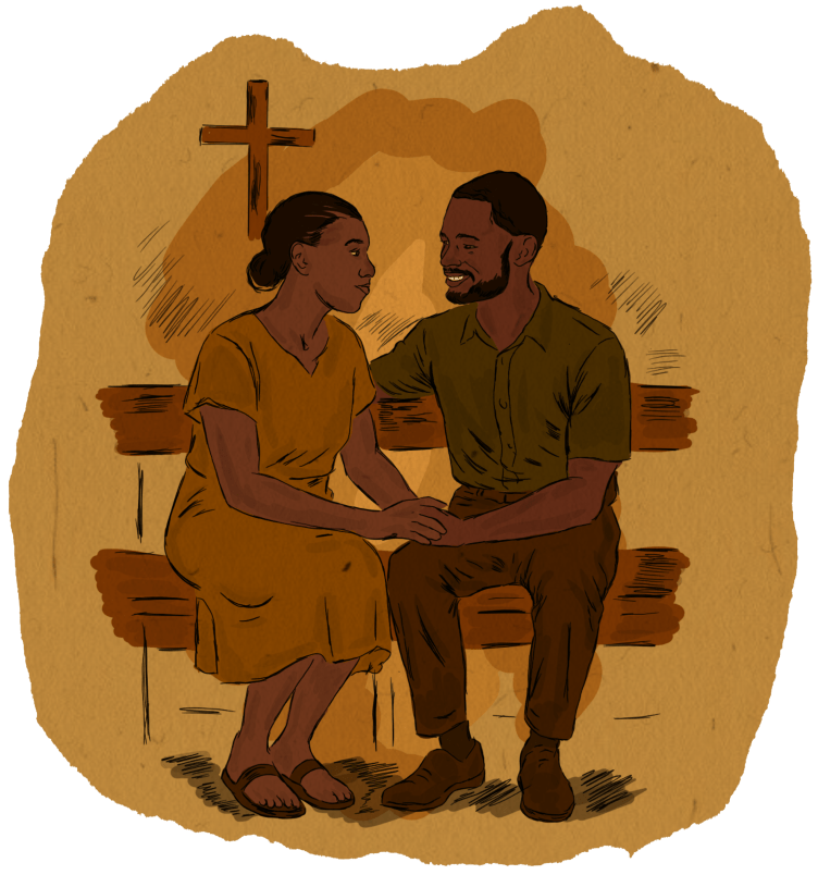 An illustration of a woman and a man sitting on a bench, holding hands and smiling at each other. A cross is on the wall behind them.