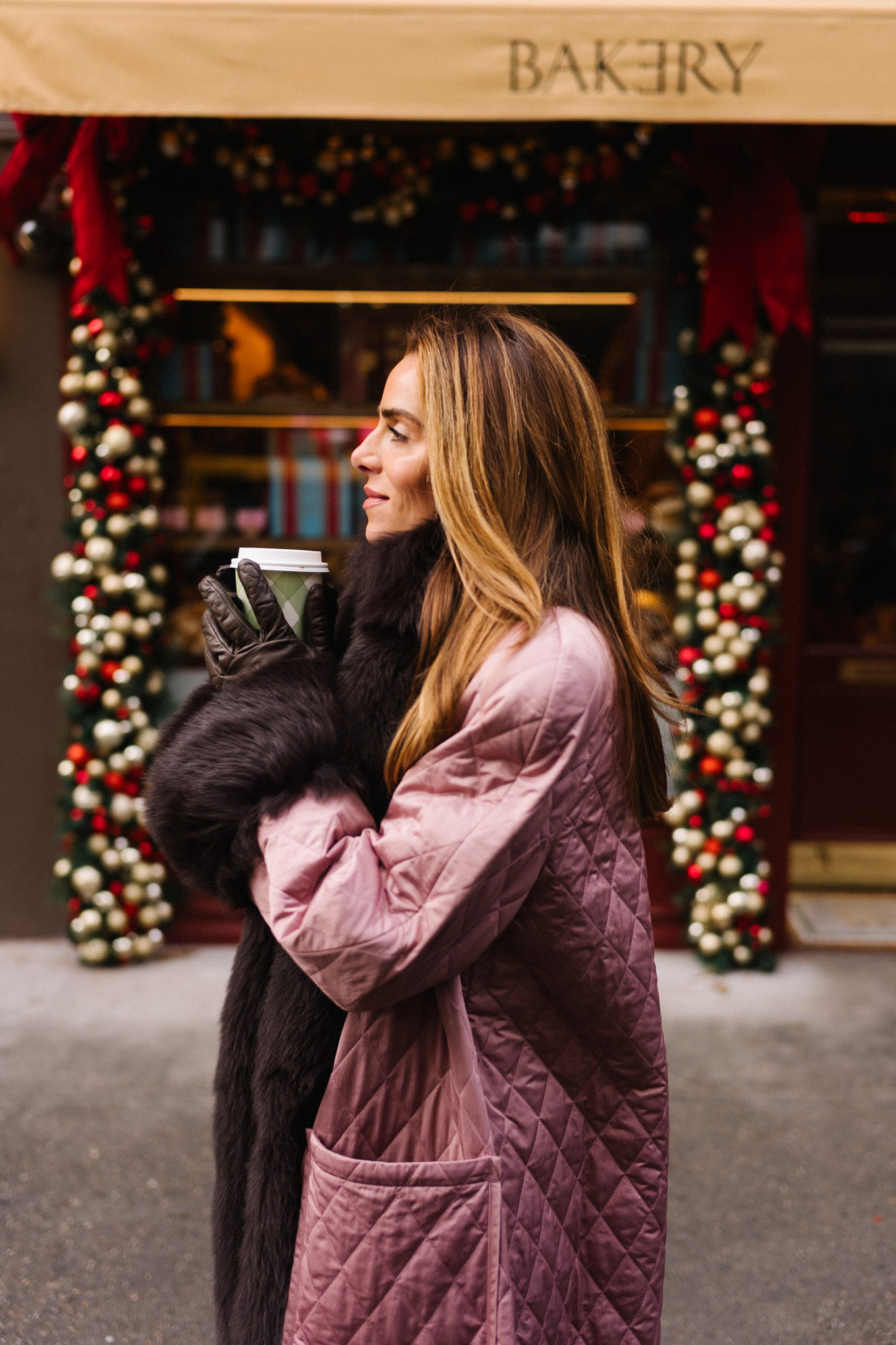 Manteau d'hiver matelassé rose avec bordure en fourrure, veste en tweed vert et bleu