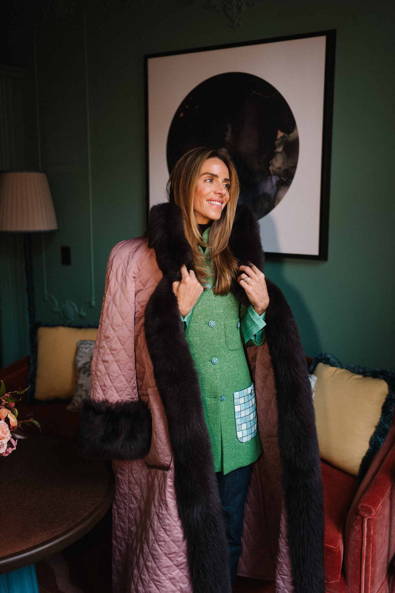 Manteau d'hiver matelassé rose avec bordure en fourrure, veste en tweed vert et bleu