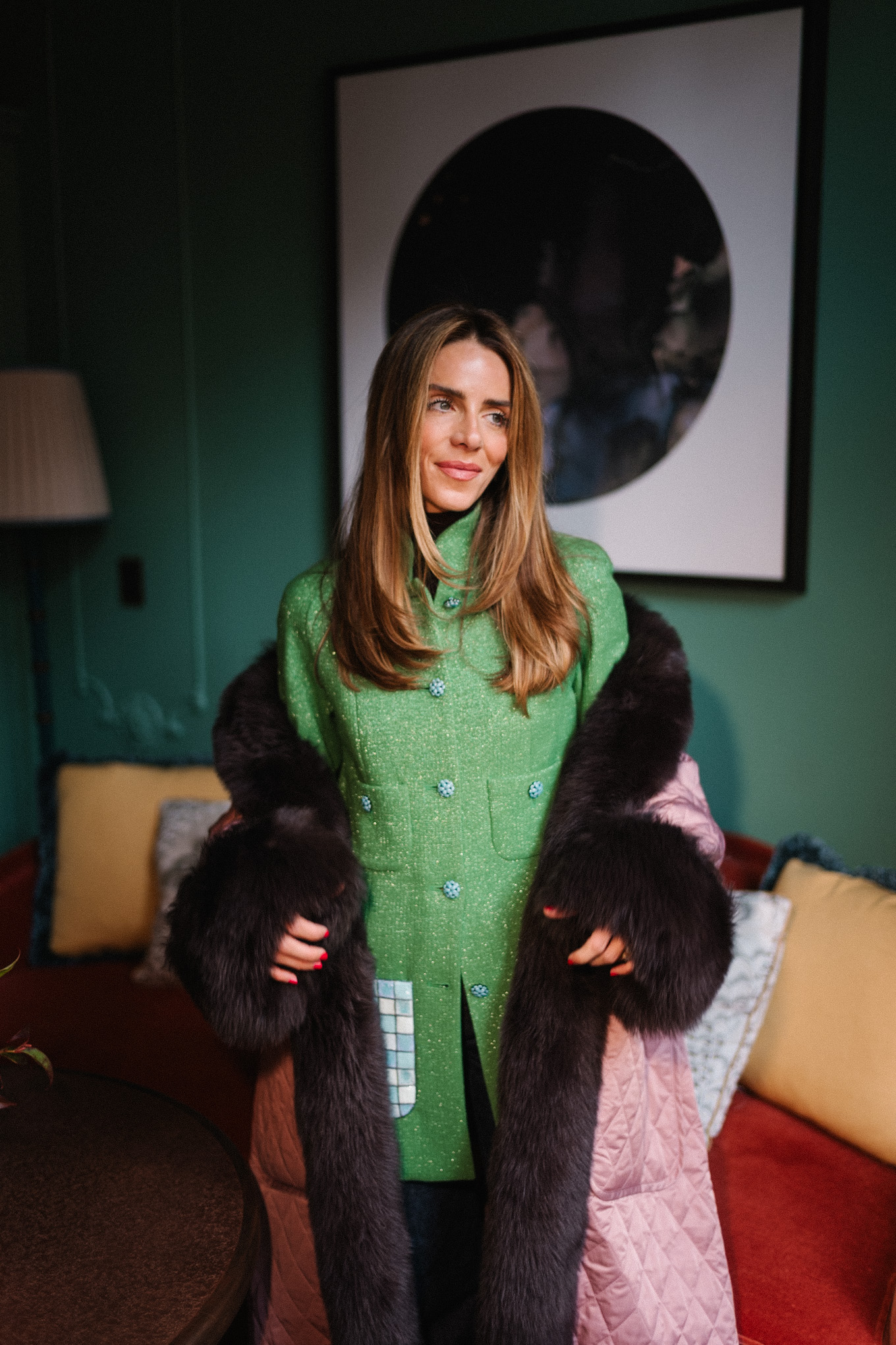 Manteau d'hiver matelassé rose avec bordure en fourrure, veste en tweed vert et bleu