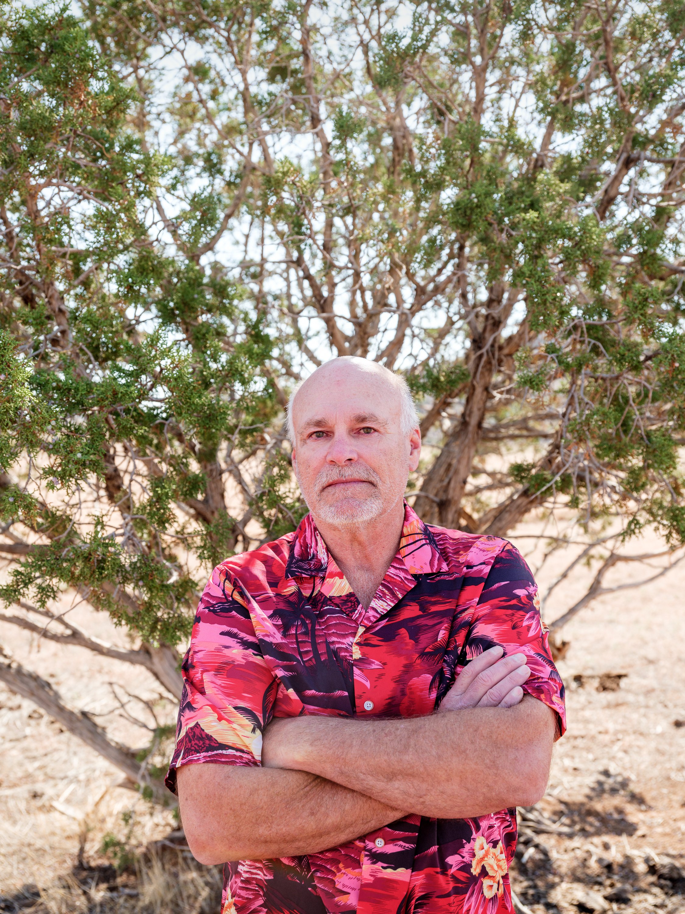 A man with a gray beard wearing a brightly colored shirt stands in front of a tree in a barren field.