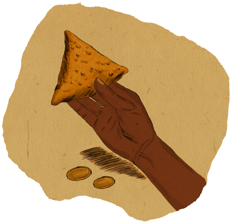 An illustration of a hand holding a samosa.