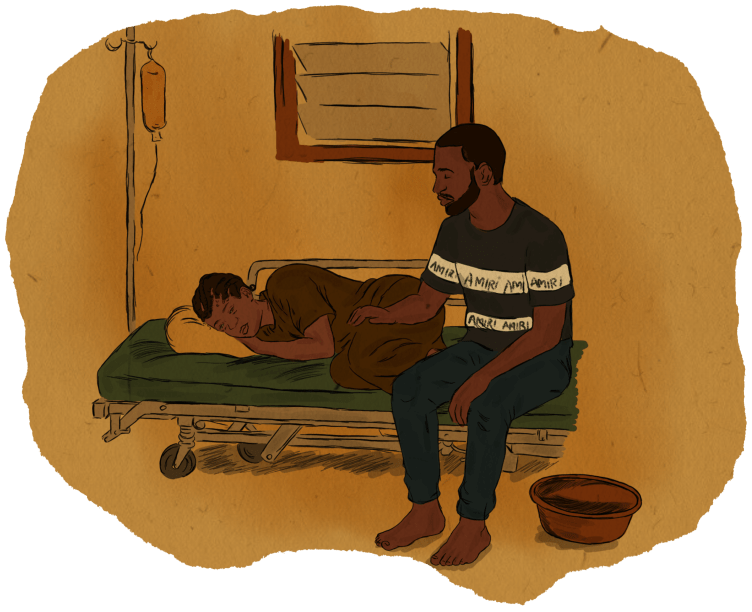 An illustration of a woman lying on a hospital bed. A man sits next to her, resting his hand on her and looking down at her.