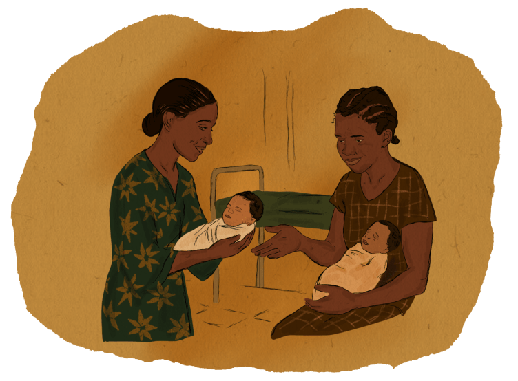 An illustration of a woman sitting on a hospital bed, holding an infant, while a standing woman hands her another infant.