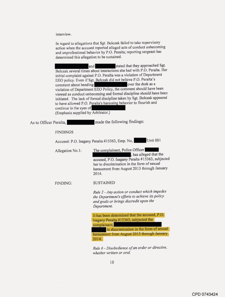 A highlighted and redacted document describing findings from an investigation into officer misconduct.