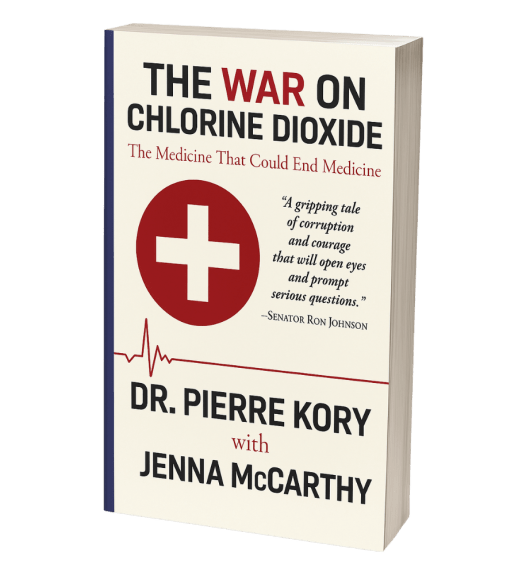 A white paperback featuring a white cross in a red circle and a heart monitor line with a pulse at the beginning that quickly goes flat. The book is credited to “Dr. Pierre Kory with Jenna McCarthy” and displays Sen. Ron Johnson’s blurb near the center of the cover in large type.