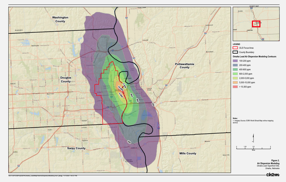Different colored concentric rings circle out from Omaha. At the center is a small red elliptical shape representing an expected concentration of 10,000 parts per million of lead. At the outer edges is a thick ring of purple representing areas with the lowest levels of lead (100-200 ppm). The purple ring crosses the borders of five different counties.