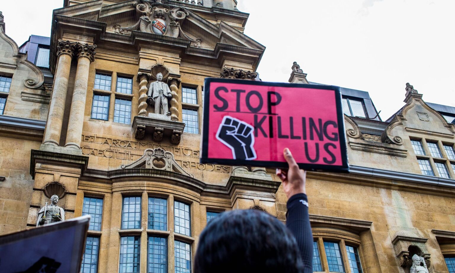Campaign in reference to Oriel College, Oxford, having a statue of British imperialist Cecil Rhodes above one of its entrances, 6 September 2020 