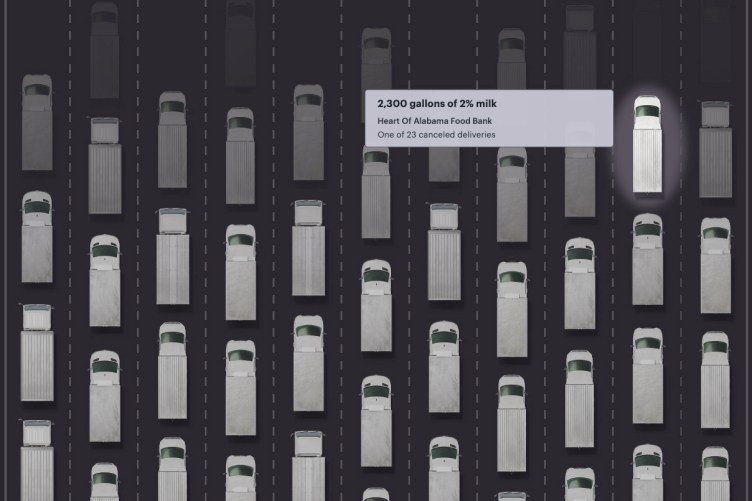 In einer Grafik werden Lastwagen verwendet, um Nahrungsmittelhilfe darzustellen, die von der Trump-Regierung gestrichen wurde.