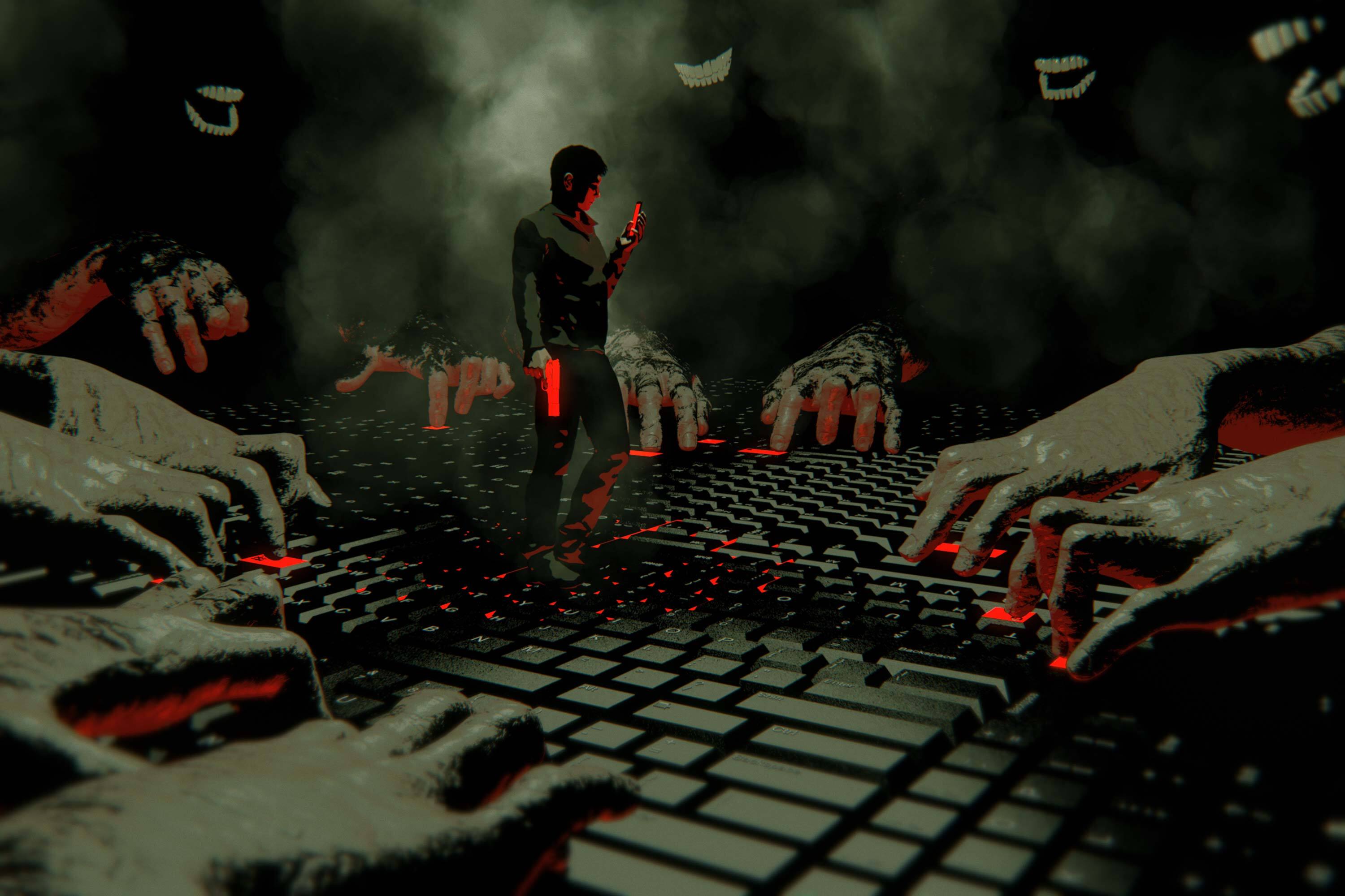 Die Illustration eines dunkelhaarigen Teenagers, der eine leuchtend rote Waffe in der Hand hält und auf einen leuchtend roten Smartphone-Bildschirm starrt, der auf einer Landschaft aus Tastaturen steht, umgibt die tippenden Hände und knirschenden Zähne anonymer, schattenhafter Gestalten.