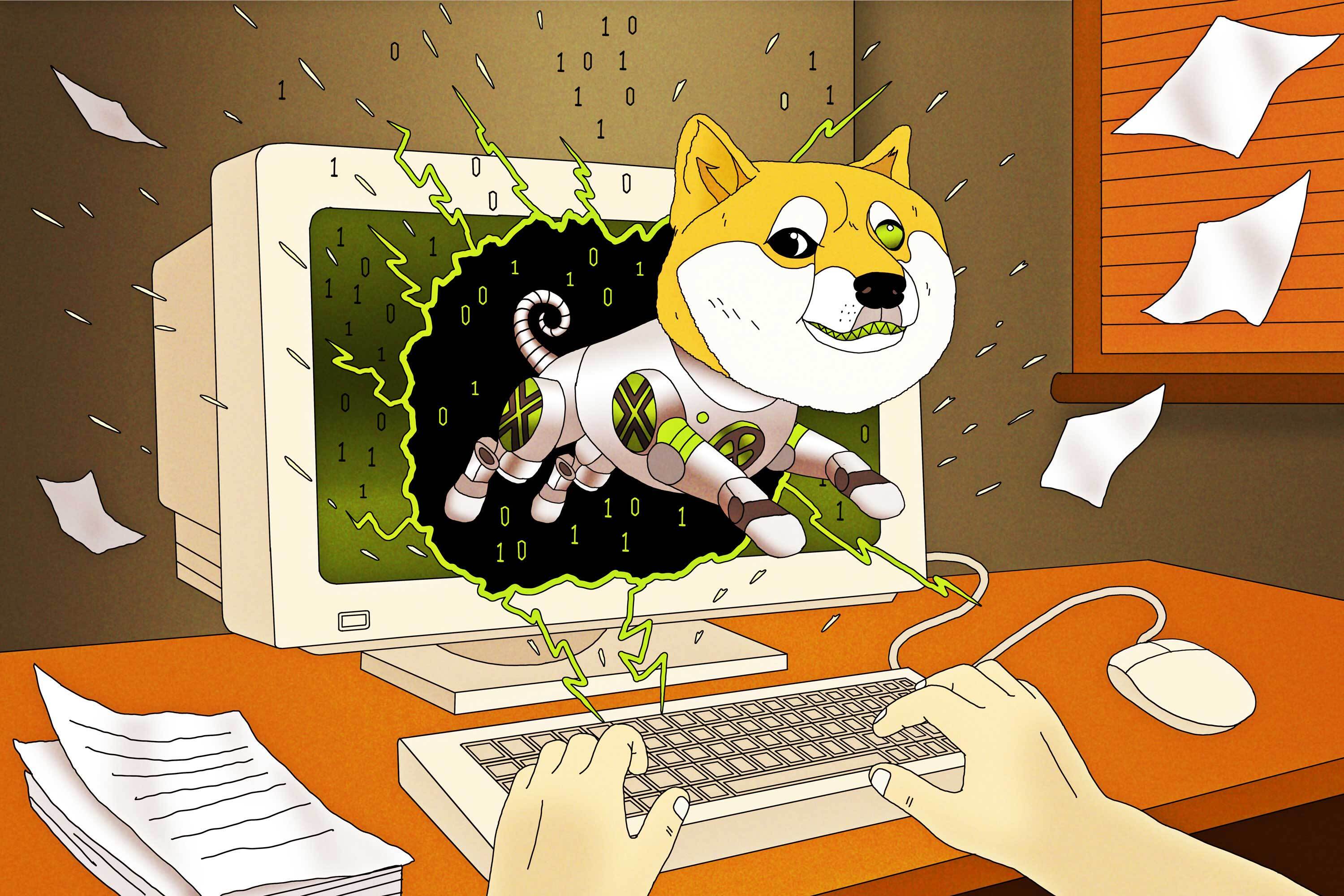 Eine Illustration eines Cyborg-Shiba-Inu, der aus einem zerbrochenen Desktop-Computermonitor springt und neonfarbenen Binärcode und Papierkram auf einem Arbeitsplatz verstreut, vor einem Benutzer mit den Händen auf einer Tastatur.