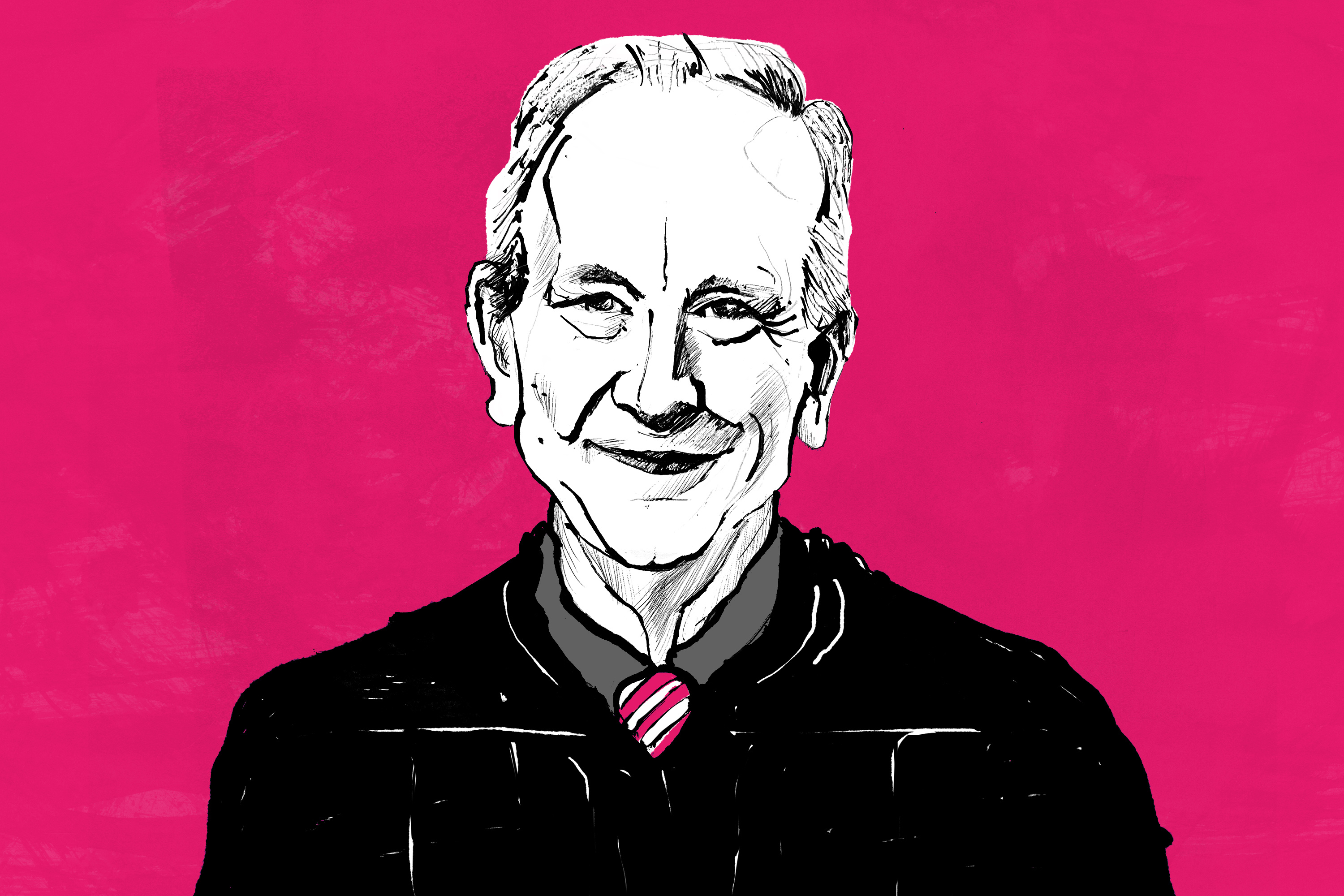 Eine Illustration eines leicht lächelnden Mannes von der Brust aufwärts, der eine Richterrobe und eine Krawatte trägt.