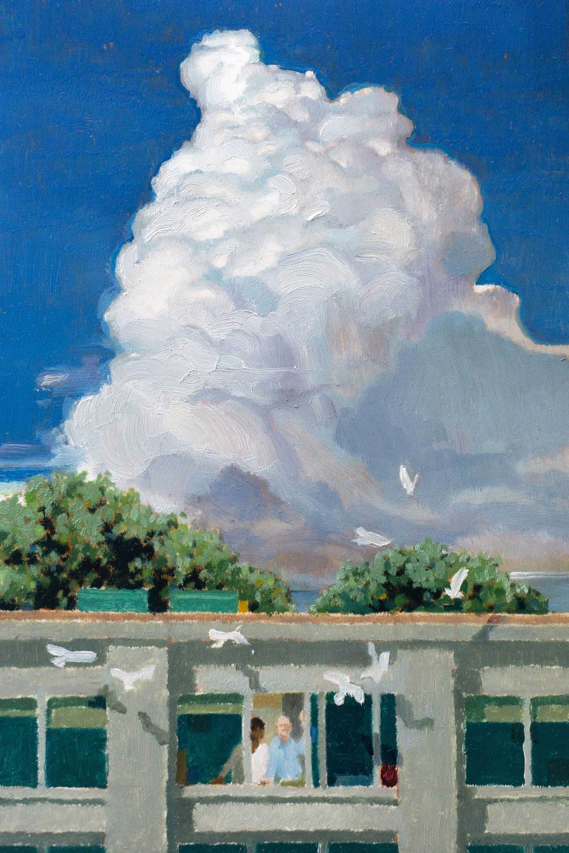 Ein Gemälde eines Mannes und einer Frau, die an einem hellen Tag zusammenstehen und aus dem Fenster eines Krankenhauses schauen.