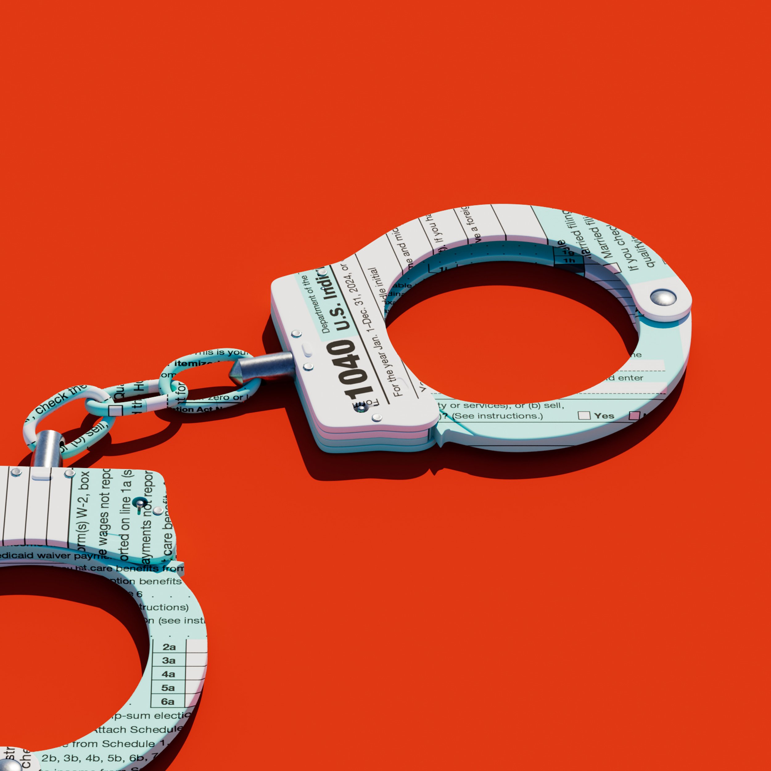 Eine Illustration, die Handschellen zeigt, deren Oberfläche mit einem Bild des IRS-Formulars 1040 überlagert ist.