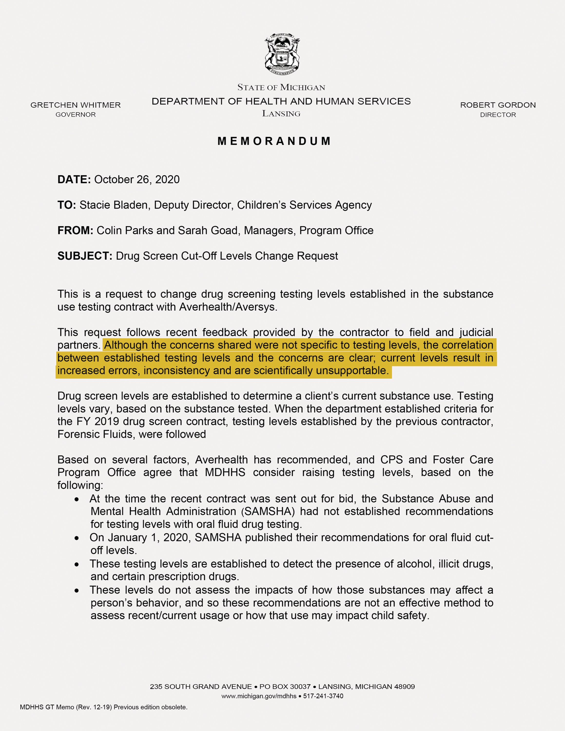 Memo subject: “Drug Screen Cut-Off Levels Change Request.” The memo reads in part: “Although the concerns shared were not specific to testing levels, the correlation between established testing levels and the concerns are clear; current levels result in increased errors, inconsistency and are scientifically unsupportable.”