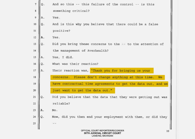 A court transcript highlighting “Thank you for bringing us your concerns. Please don't change anything at this time. We have contractual time agreements to get the data out, and we just want to get the data out.”