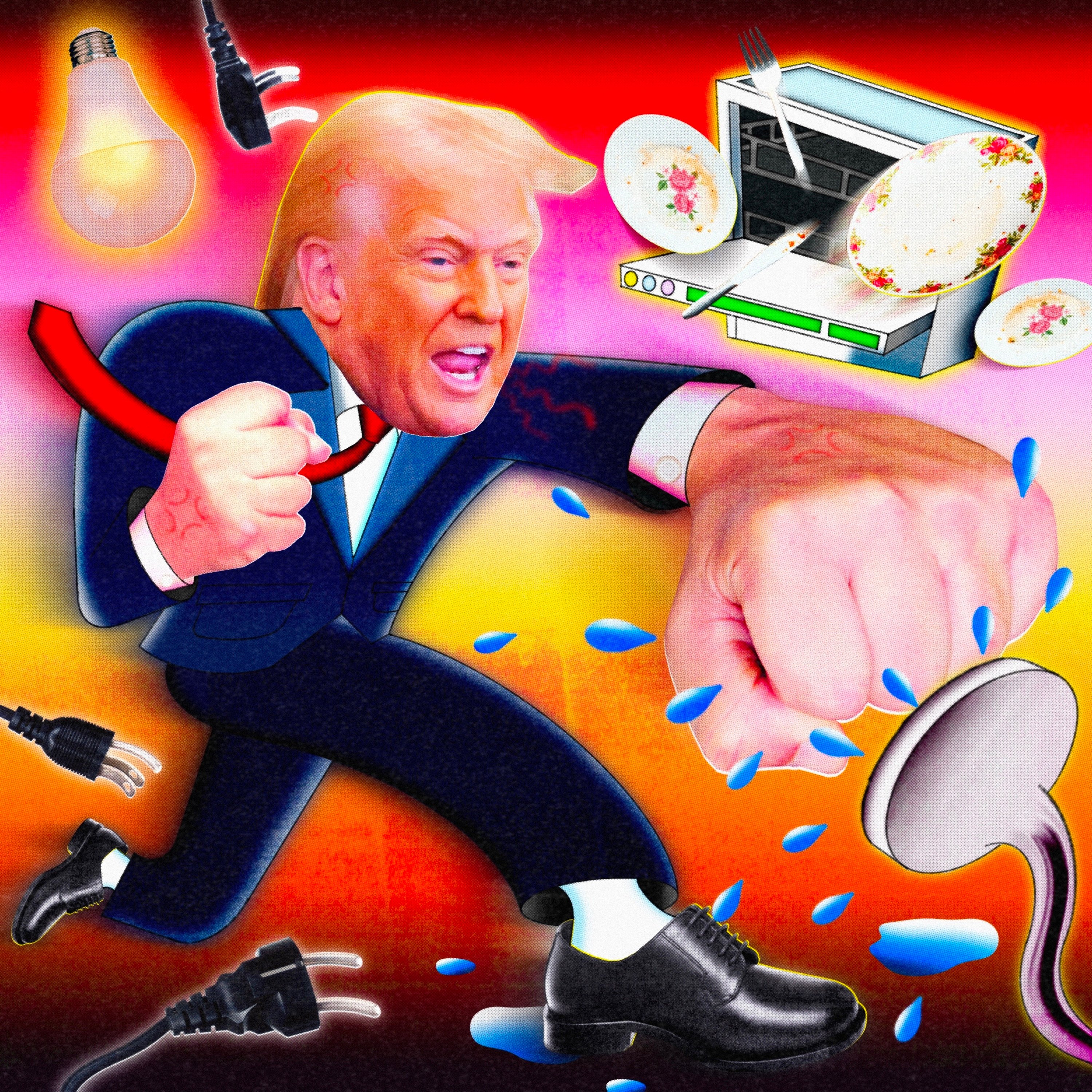 Eine farbenfrohe Illustration, die zeigt, wie Präsident Donald Trump einen Duschkopf schlägt, während er von einer Vielzahl von Haushaltsgeräten umgeben ist.