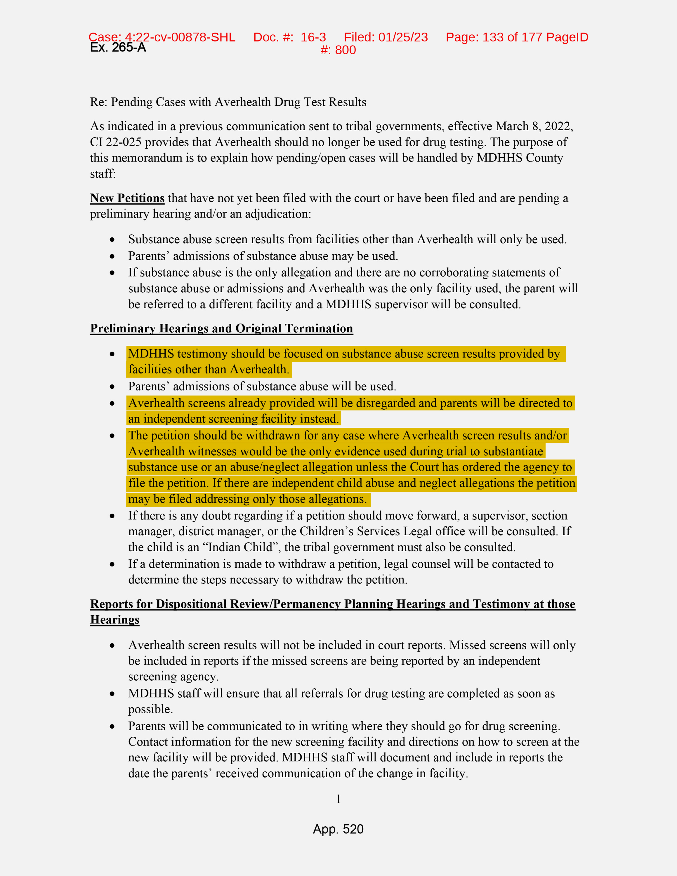 Email subject: “Pending Cases with Averhealth Drug Test results.” The email reads in part: “MDHHS testimony should be focused on substance abuse screen results provided by facilities other than Averhealth. … Averhealth screens already provided will be disregarded and parents will be directed to an independent screening facility instead. The petition should be withdrawn for any case where Averhealth screen results and/or Averhealth witnesses would be the only evidence used during trial to substantiate substance use or an abuse/neglect allegation unless the Court has ordered the agency to file the petition. If there are independent child abuse and neglect allegations the petition may be filed addressing only those allegations.”