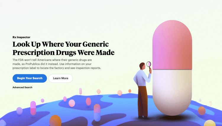 Eine Illustration einer Person, die eine übertrieben große Pille mit einer Lupe inspiziert, inmitten einer Landschaft voller kleinerer Pillen.