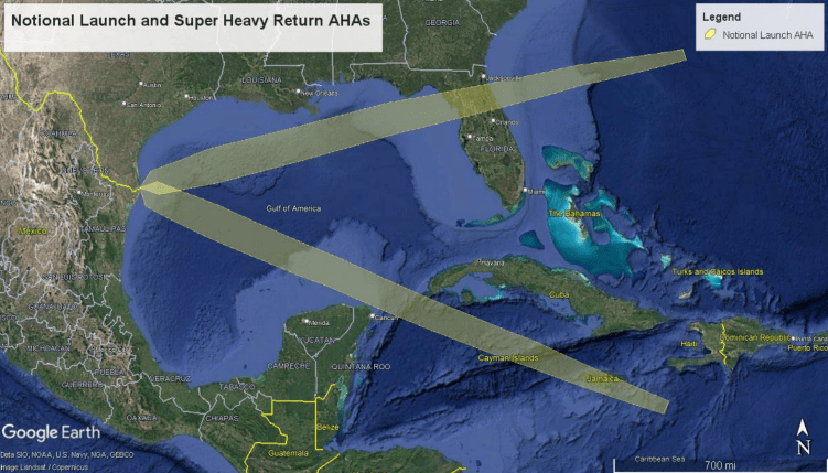 A map of the southern United States and Mexico showing two potential no-fly zones for airplanes during future Starship launches. One zone stretches from south Texas through the Gulf of Mexico and moves northeast over a portion of Florida. The other stretches from south Texas and moves southeast through the Gulf and past Mexico’s Yucatan Peninsula. 