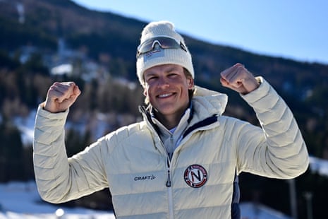 Klaebo celebrates his third gold.