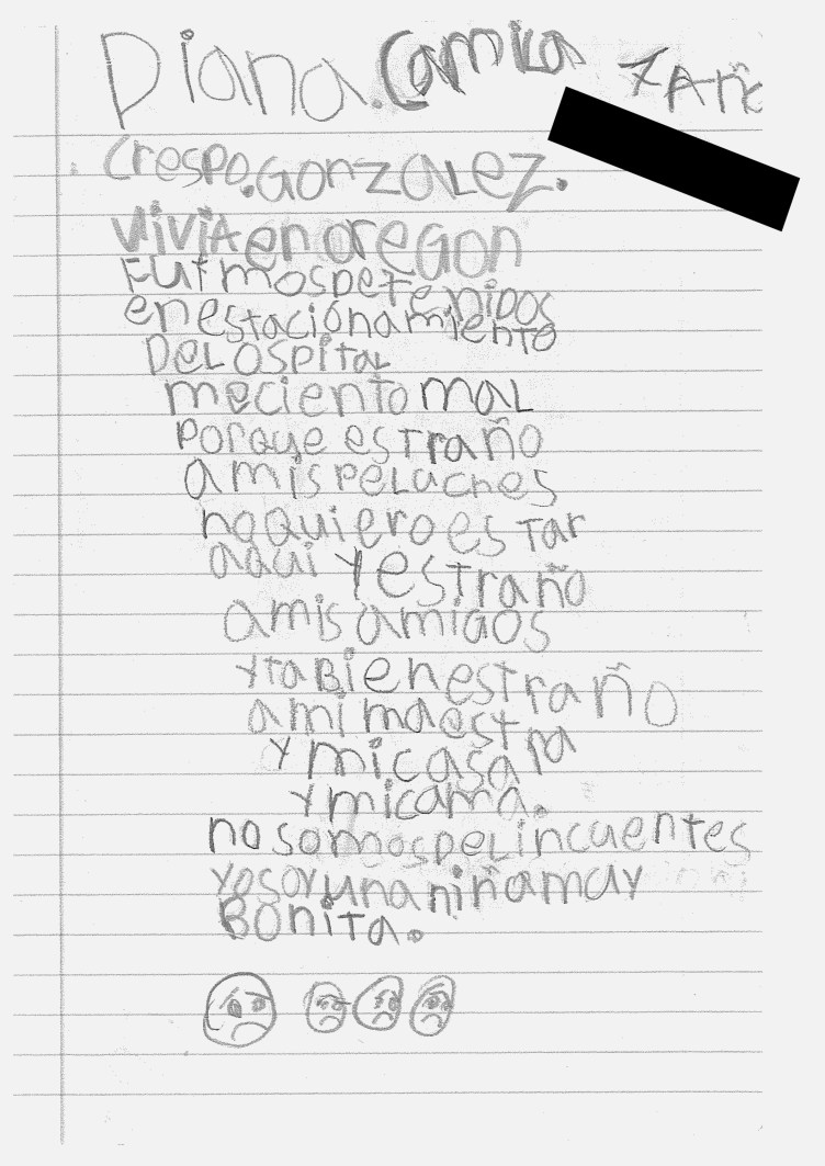 A handwritten letter with four frowning faces at the bottom.