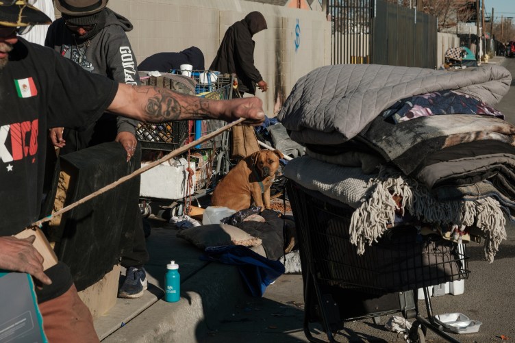 A dog sits in the middle of people as they pick up their belongings on the side of the road.