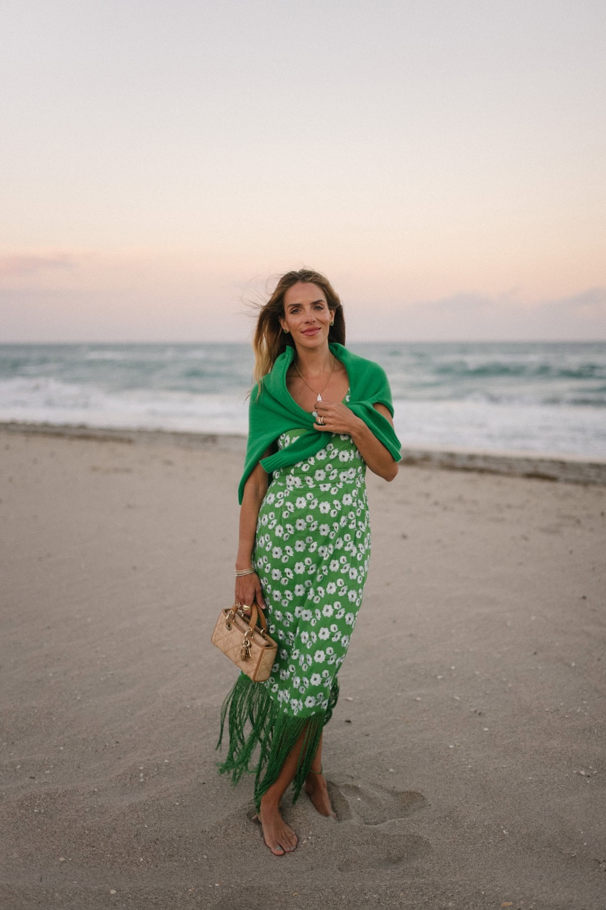 Robe midi en maille à franges vertes et blanches, pull vert