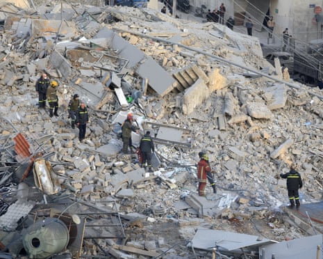 Emergency personnel work at the site of a collapsed building in the aftermath of an Israeli strike in central Beirut’s Bachoura neighbourhood this week