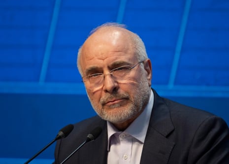 Mohammad Bagher Ghalibaf looks on while attending a media conference at a conference hall in the Iranian parliament building in Tehran, in December 2025.