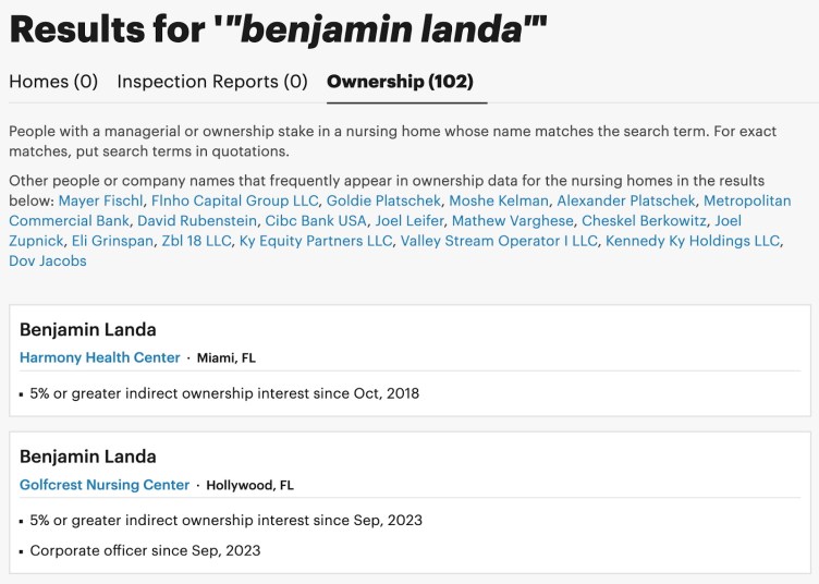 Une capture d'écran de la base de données Nursing Home Inspect de ProPublica montrant les résultats d'une recherche pour le nom Benjamin Landa.