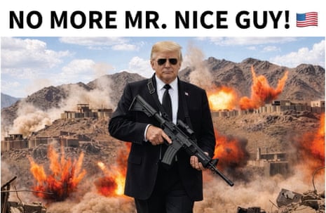 A generated picture captioned 'No more Mr. Nice Guy' with Trump wearing sunglasses and carrying a machine gun in front of burning buildings