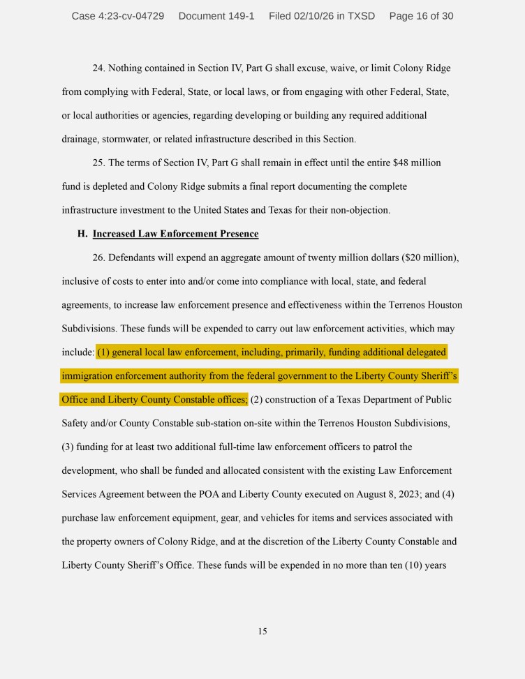 A court document outlining a proposed settlement agreement with a highlighted line that reads, “(1) general local law enforcement, including, primarily, funding additional delegated immigration enforcement authority from the federal government to the Liberty County Sheriff’s Office and Liberty County Constable offices.”