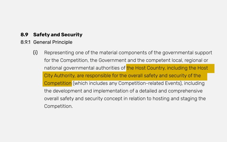 An excerpt from a contract with the title “8.9 Safety and Security” and a highlighted line “the Host City Authority, are responsible for the overall safety and security of the Competition.”