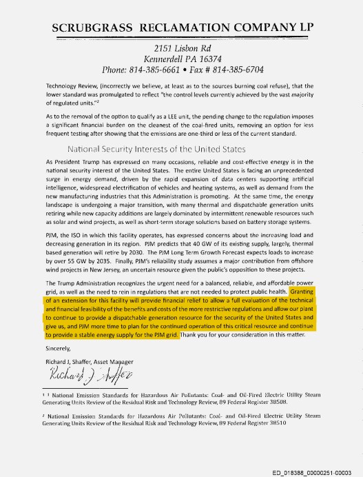 A letter from Scrubgrass Reclamation Company addressed to the EPA, requesting a regulatory exemption for its power plant, cites national security and grid reliability. A paragraph requesting financial relief and continued operation is highlighted in yellow.