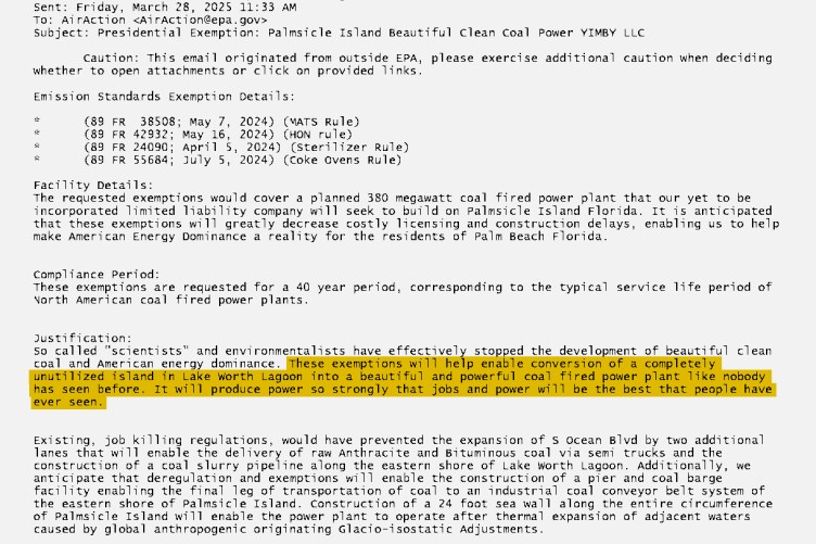 An email sent to the EPA, proposing exemptions for a planned coal-fired power plant on Palmsicle Island, Florida. A highlighted section details the goal to convert an unutilized island into a power plant.