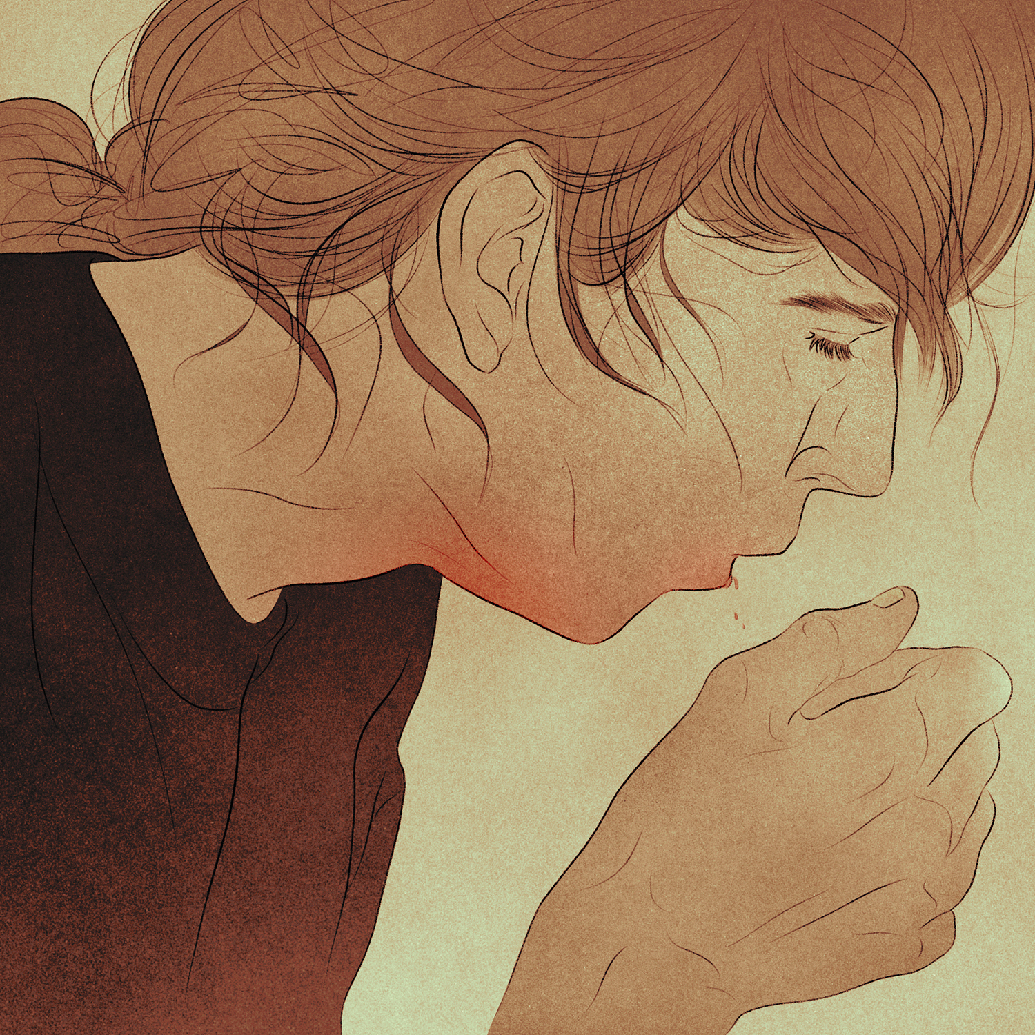 A person coughs into their hand.