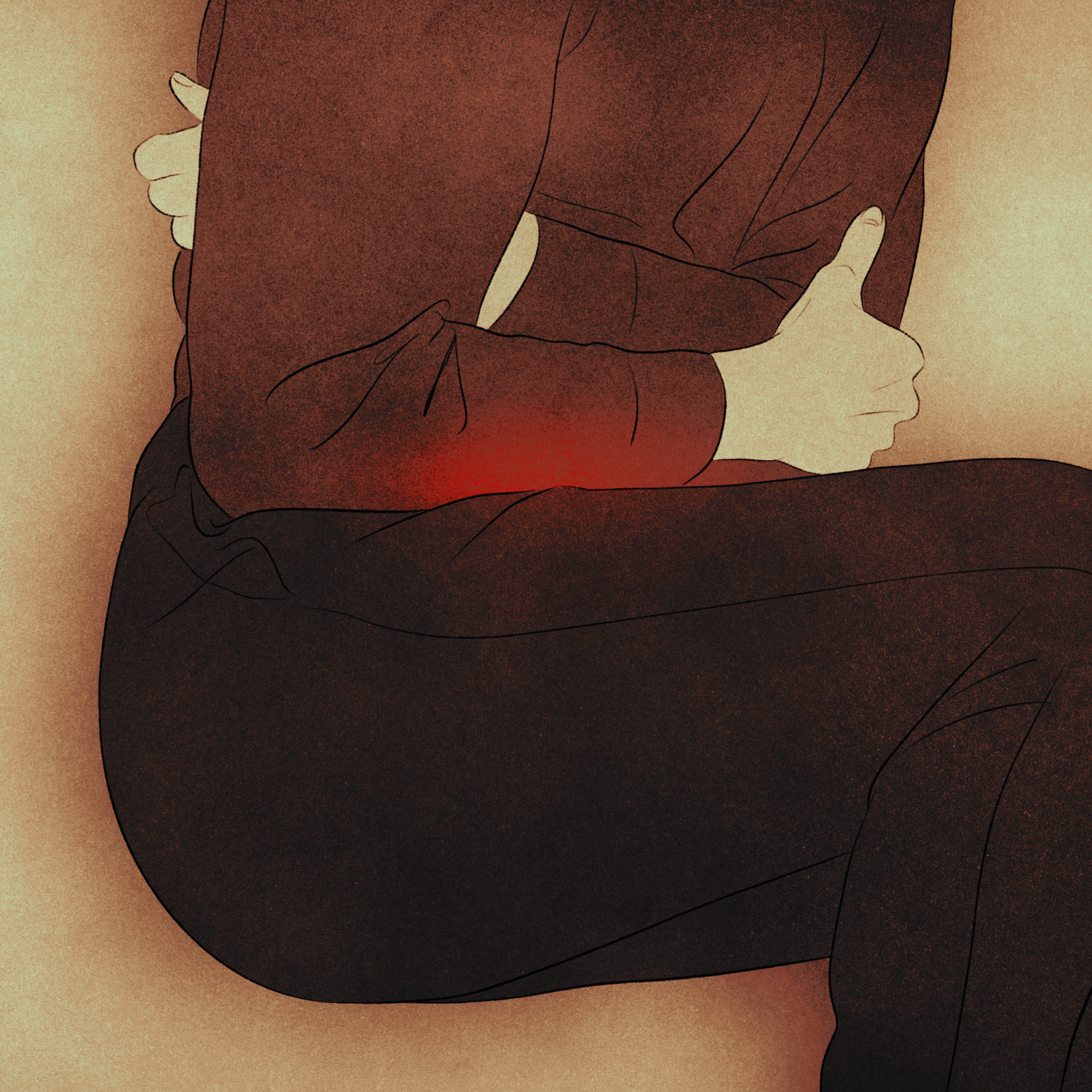 A person with their arms crossed over their abdomen, which has a red glow.