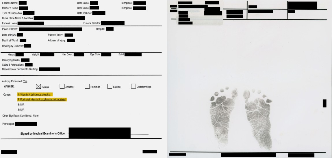 Two heavily redacted autopsy reports portrayed side by side, one with the highlighted lines “1: Vitamin K deficiency bleeding” and “2: Postnatal prophylaxis not received” and the other showing a baby’s footprints.