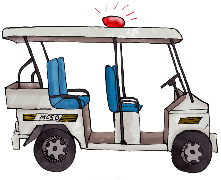 An illustration of a white golf cart with blue seats, a red flashing siren on the roof and “MCSO” markings on the side.