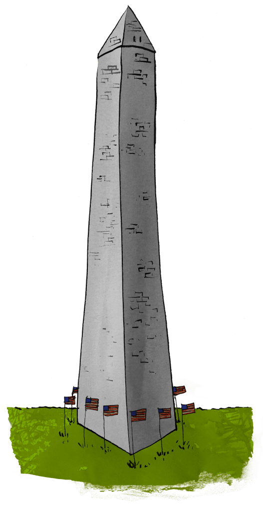 An illustration of the Washington Monument obelisk standing on a patch of green grass, surrounded by small American flags at its base against a plain white background.