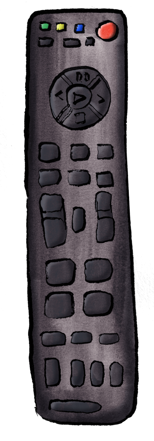 An illustration of a black remote control with various buttons, including a prominent circular directional pad and a red power button at the top right.