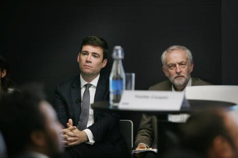Andy Burnham and Jeremy Corbyn at a Labour leadership hustings in London in 2015.